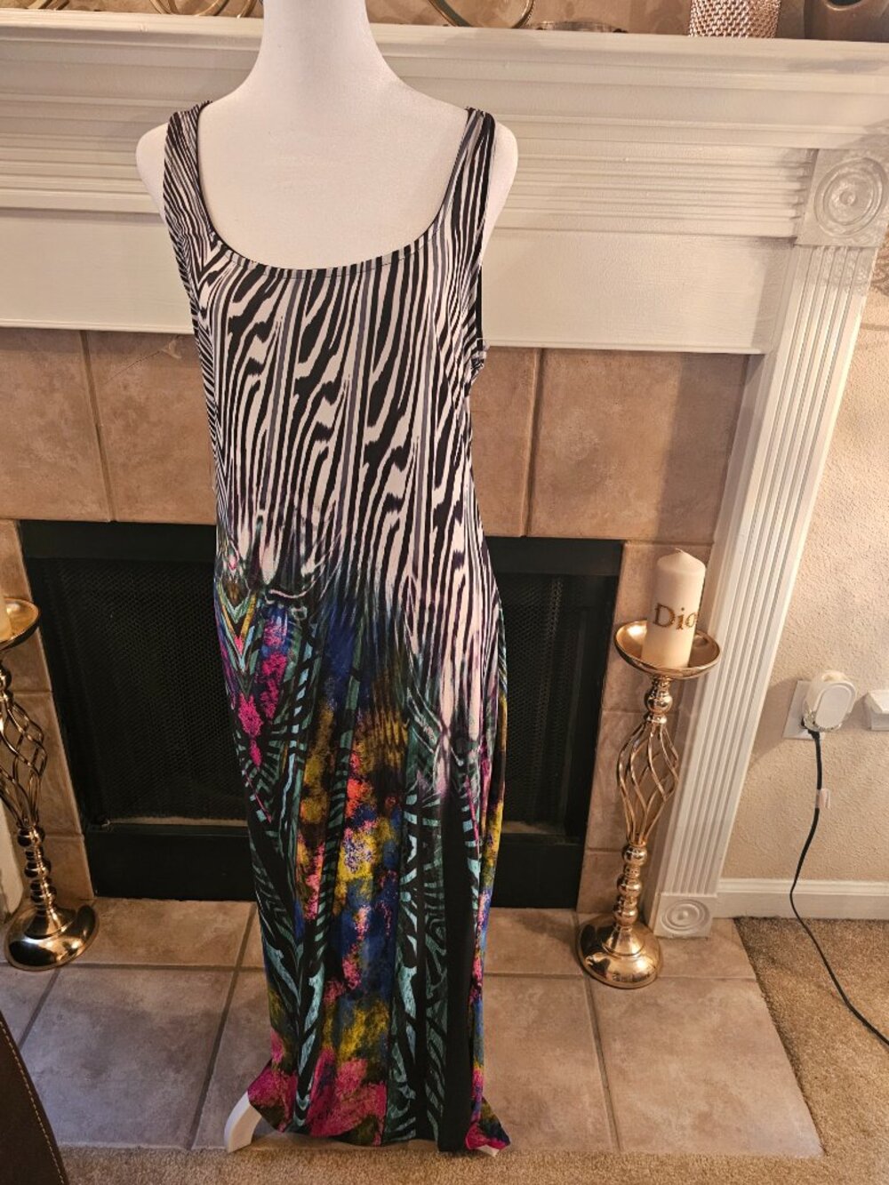 Abstract Zebra Print Maxi Dress | Size Medium | Sleeveless Stretch Dress